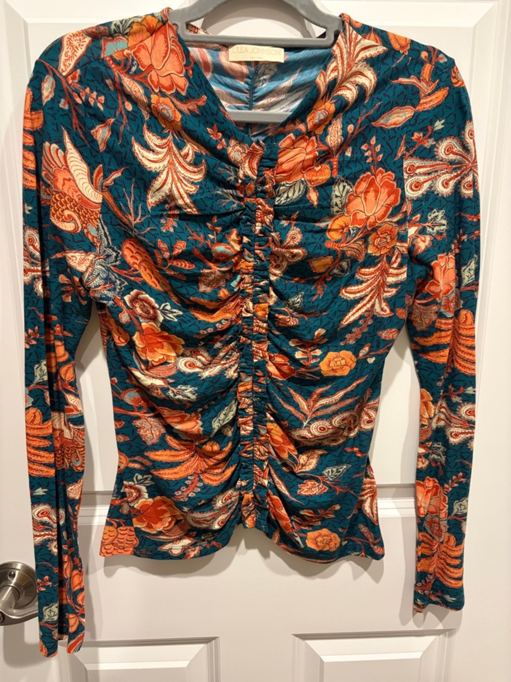 Teal Floral Ruched Long-Sleeve Top